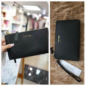NWT Calvin Klein Saffiano Black Leather Wristlet New W/ tags